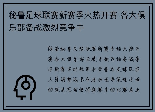 秘鲁足球联赛新赛季火热开赛 各大俱乐部备战激烈竞争中