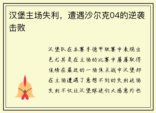 汉堡主场失利，遭遇沙尔克04的逆袭击败