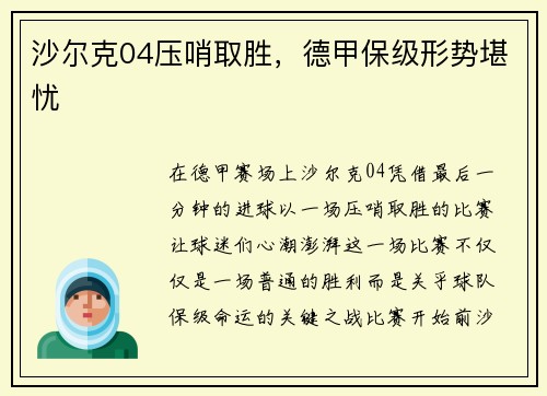 沙尔克04压哨取胜，德甲保级形势堪忧