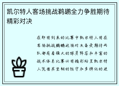 凯尔特人客场挑战鹈鹕全力争胜期待精彩对决