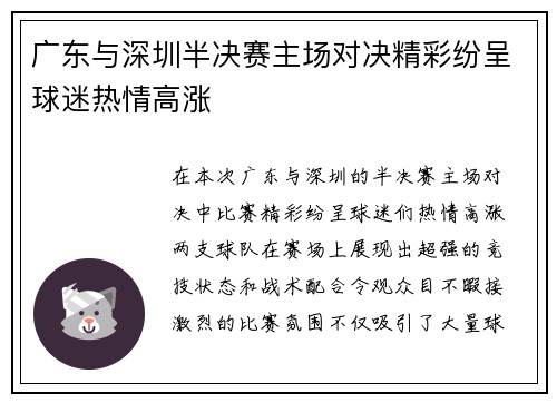 广东与深圳半决赛主场对决精彩纷呈球迷热情高涨