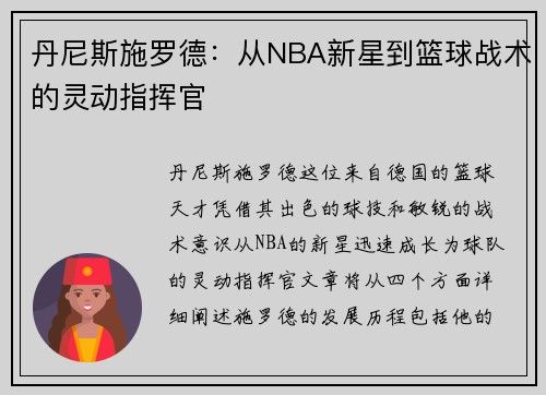 丹尼斯施罗德：从NBA新星到篮球战术的灵动指挥官