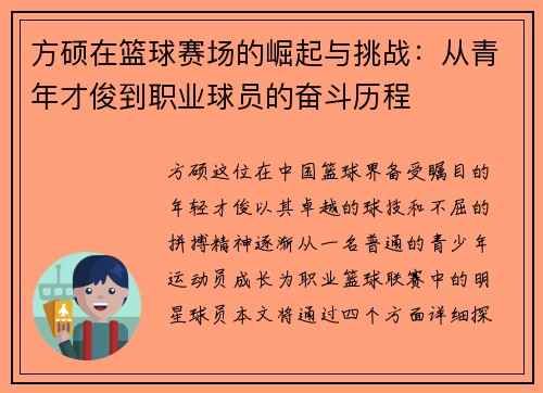 方硕在篮球赛场的崛起与挑战：从青年才俊到职业球员的奋斗历程