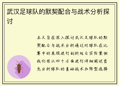 武汉足球队的默契配合与战术分析探讨
