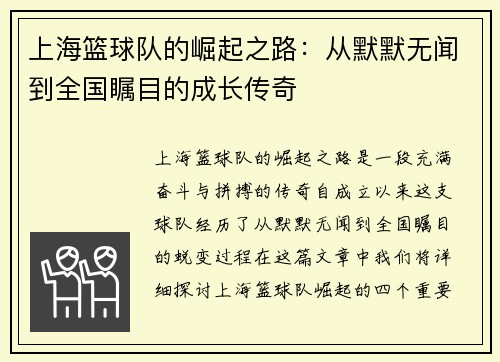 上海篮球队的崛起之路：从默默无闻到全国瞩目的成长传奇