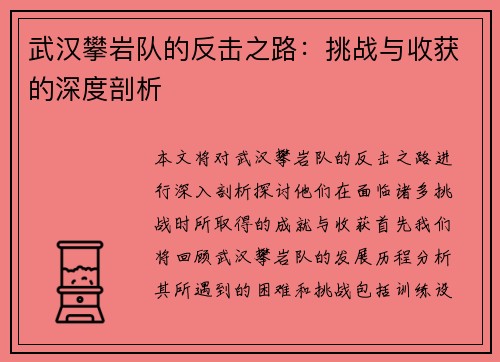 武汉攀岩队的反击之路：挑战与收获的深度剖析