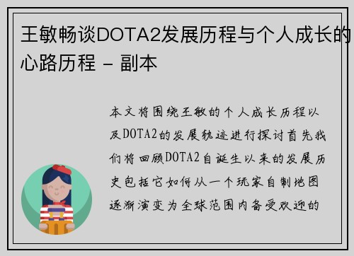 王敏畅谈DOTA2发展历程与个人成长的心路历程 - 副本
