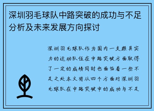 深圳羽毛球队中路突破的成功与不足分析及未来发展方向探讨