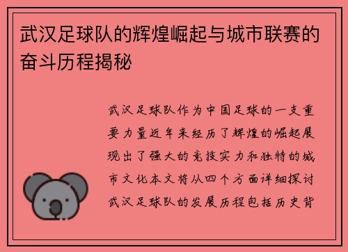 武汉足球队的辉煌崛起与城市联赛的奋斗历程揭秘