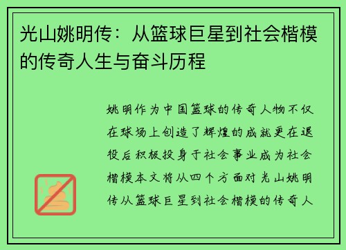 光山姚明传：从篮球巨星到社会楷模的传奇人生与奋斗历程